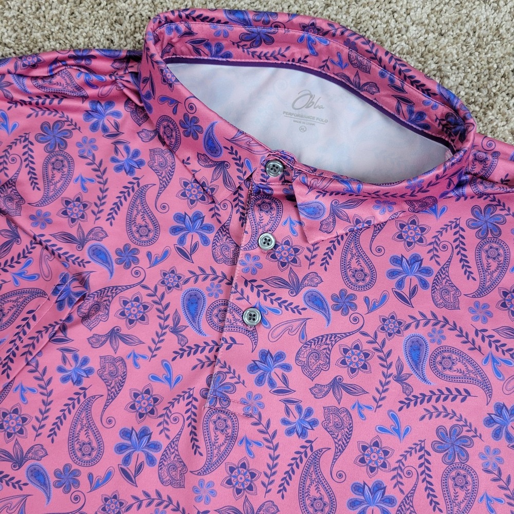 Obla Mens Medium Pink Blue AOP Paisley Floral Performance Stretch Golf Polo